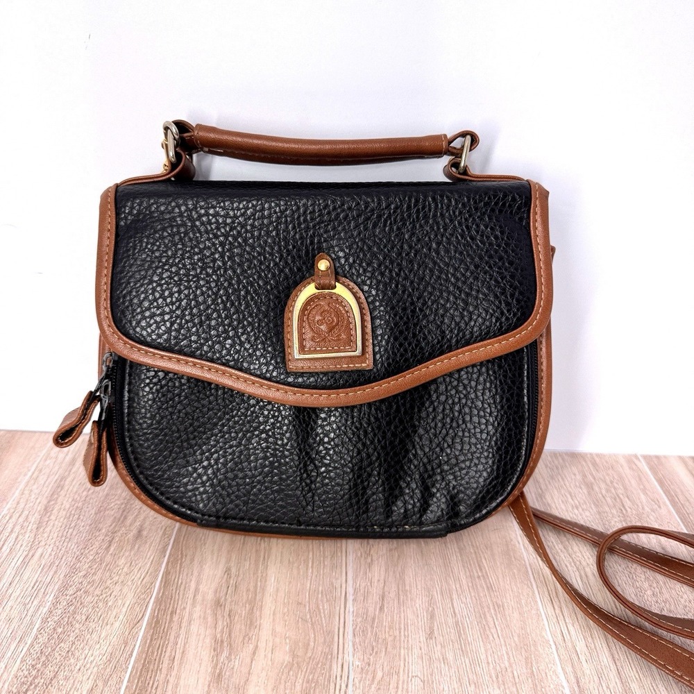 Vintage Jaclyn Smith Black Pebbled Leather Crossbody Bag Brown Trim Flap Purse